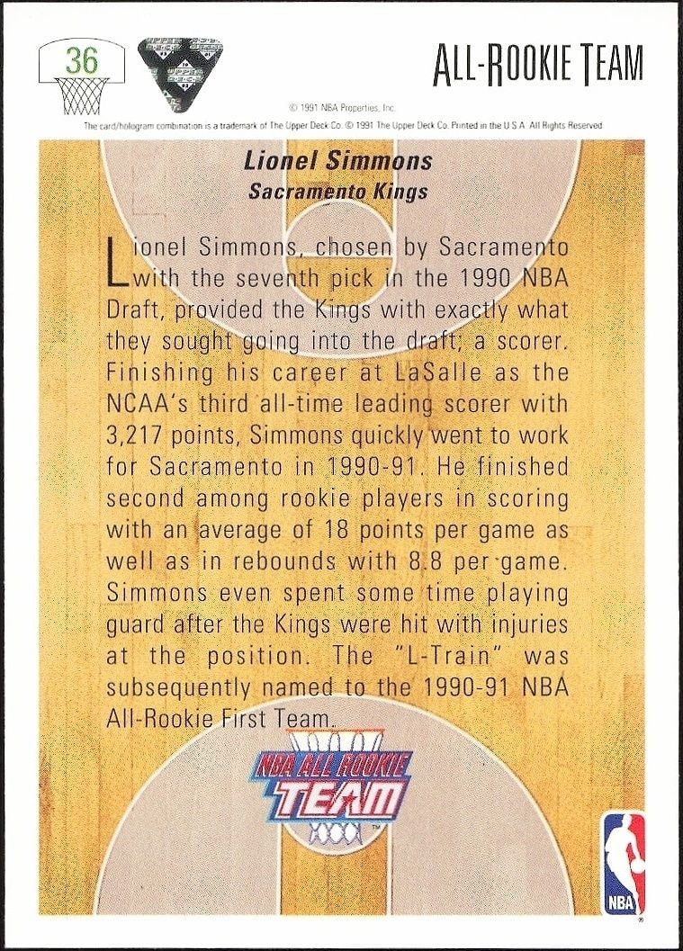 1991-92 Upper Deck Lionel Simmons #36 basketball trading card back