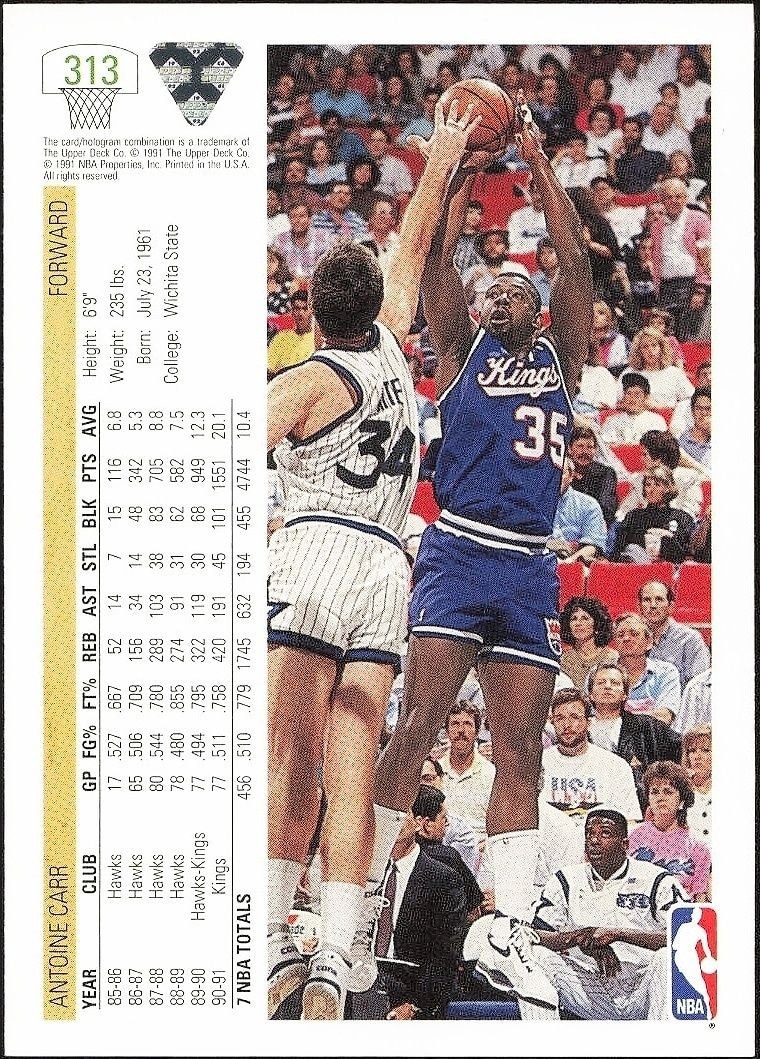 1991-92 Upper Deck Antoine Carr #313 basketball trading card back