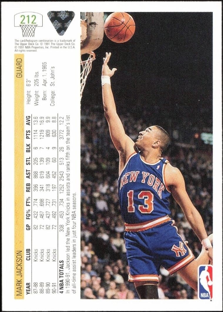 1991-92 Upper Deck Mark Jackson #212 basketball trading card back