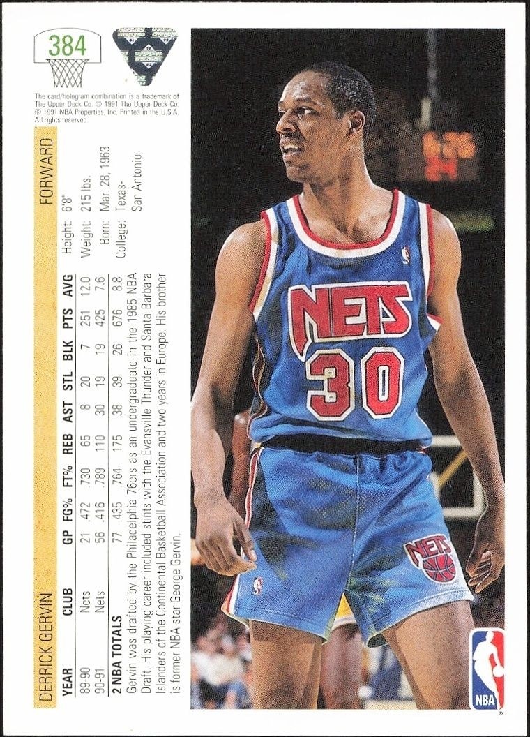 1991-92 Upper Deck Derrick Gervin #384 basketball trading card back