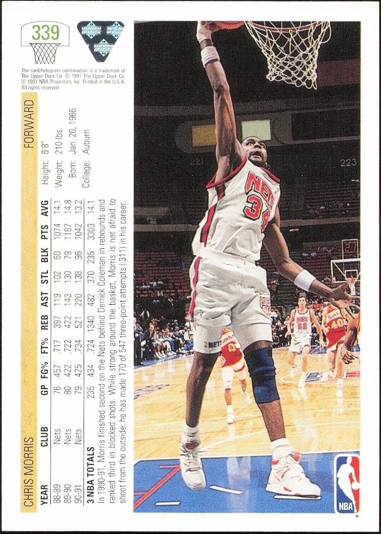 1991-92 Upper Deck Chris Morris #339 basketball trading card back