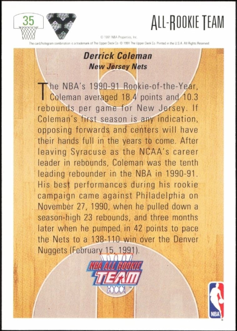 1991-92 Upper Deck Derrick Coleman #35 basketball trading card back