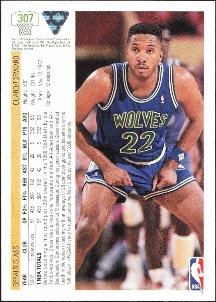 1991-92 Upper Deck Gerald Glass #307 basketball trading card back