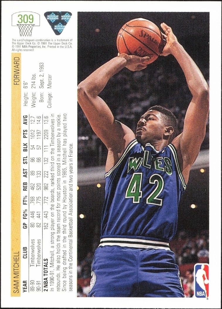 1991-92 Upper Deck Sam Mitchell #309 basketball trading card back