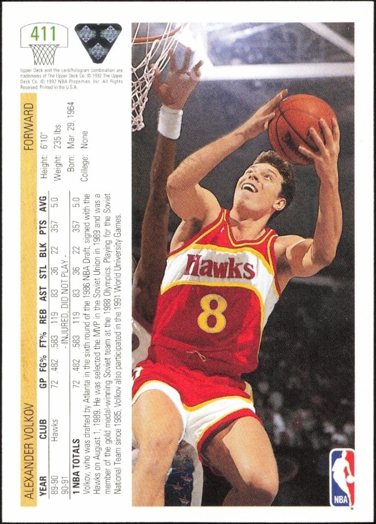 1991-92 Upper Deck Alexander Volkov #411 basketball trading card back