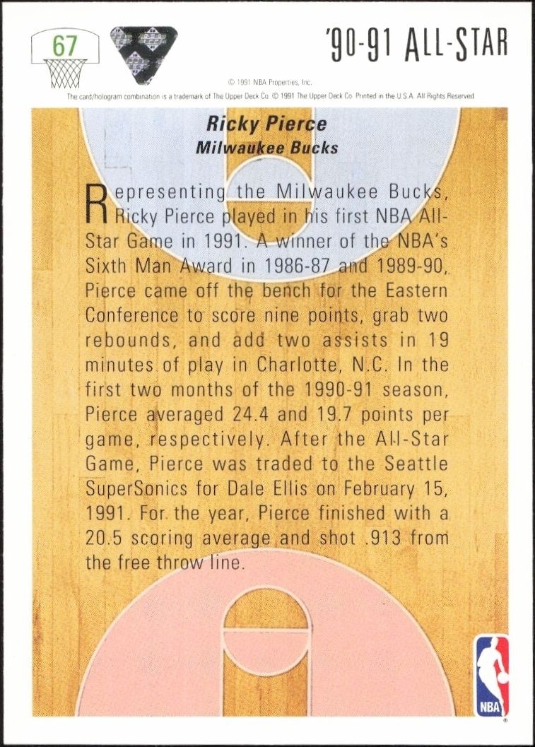 1991-92 Upper Deck Ricky Pierce #67 basketball trading card back