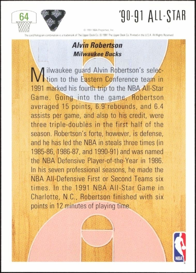 1991-92 Upper Deck Alvin Robertson #64 basketball trading card back