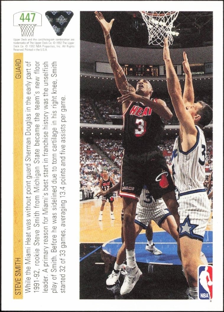 1991-92 Upper Deck Steve Smith #447 basketball trading card back