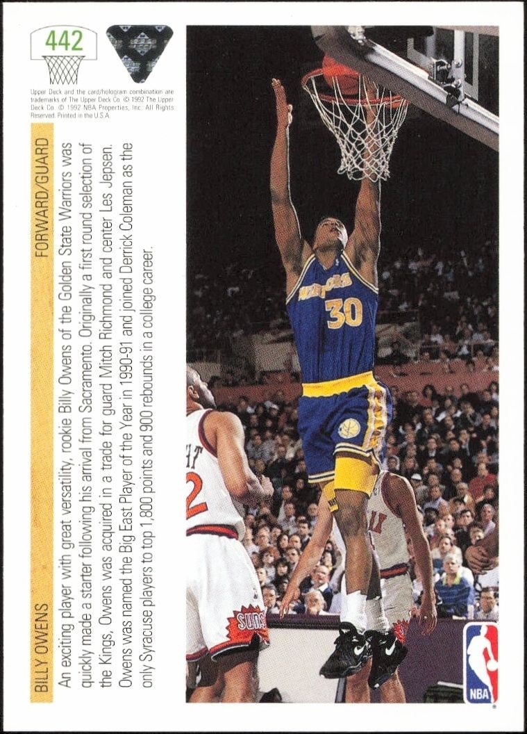 1991-92 Upper Deck Billy Owens #442 basketball trading card back