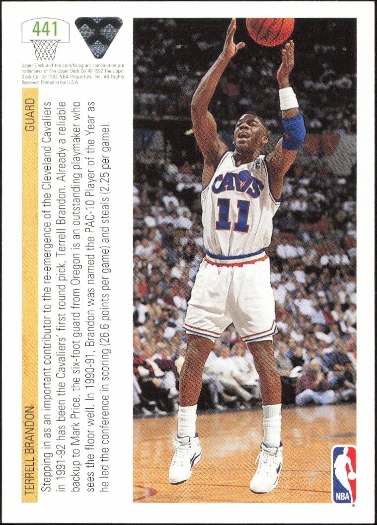 1991-92 Upper Deck Terrell Brandon #441 basketball trading card back