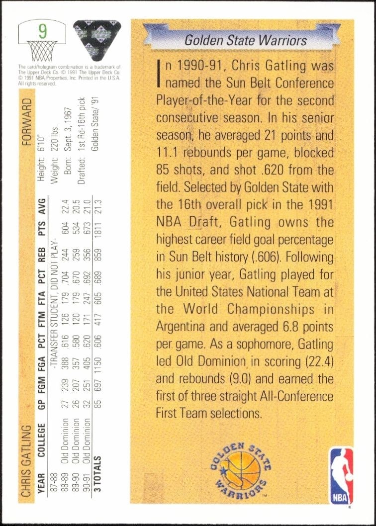 1991-92 Upper Deck Chris Gatling #9 basketball trading card back