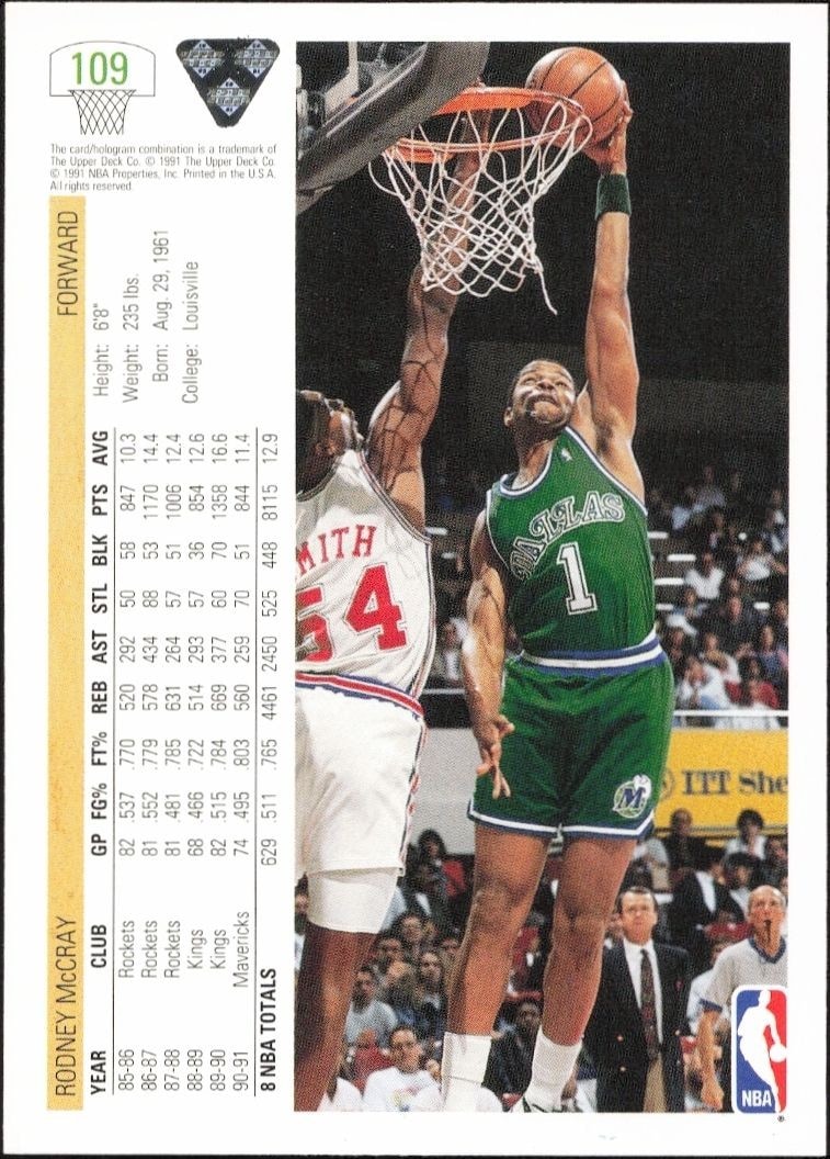 1991-92 Upper Deck Rodney McCray #109 basketball trading card back
