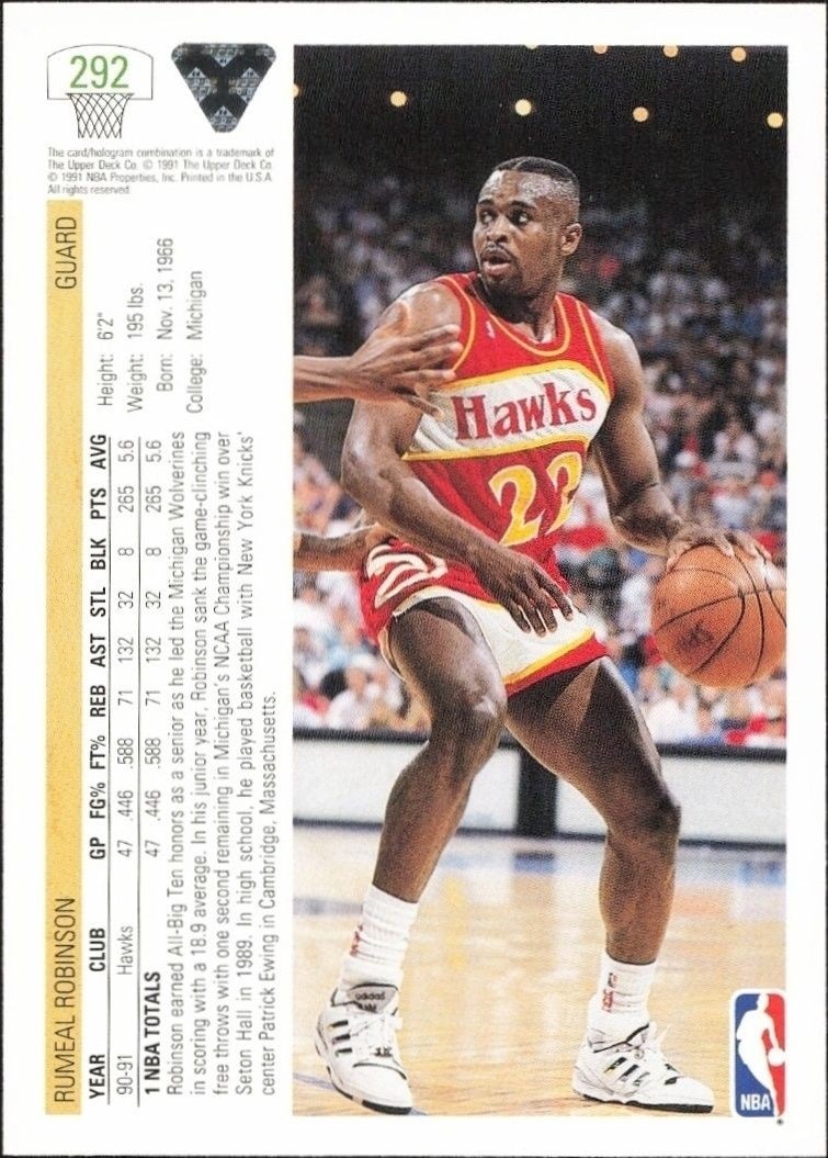 1991-92 Upper Deck Rumeal Robinson #292 basketball trading card back