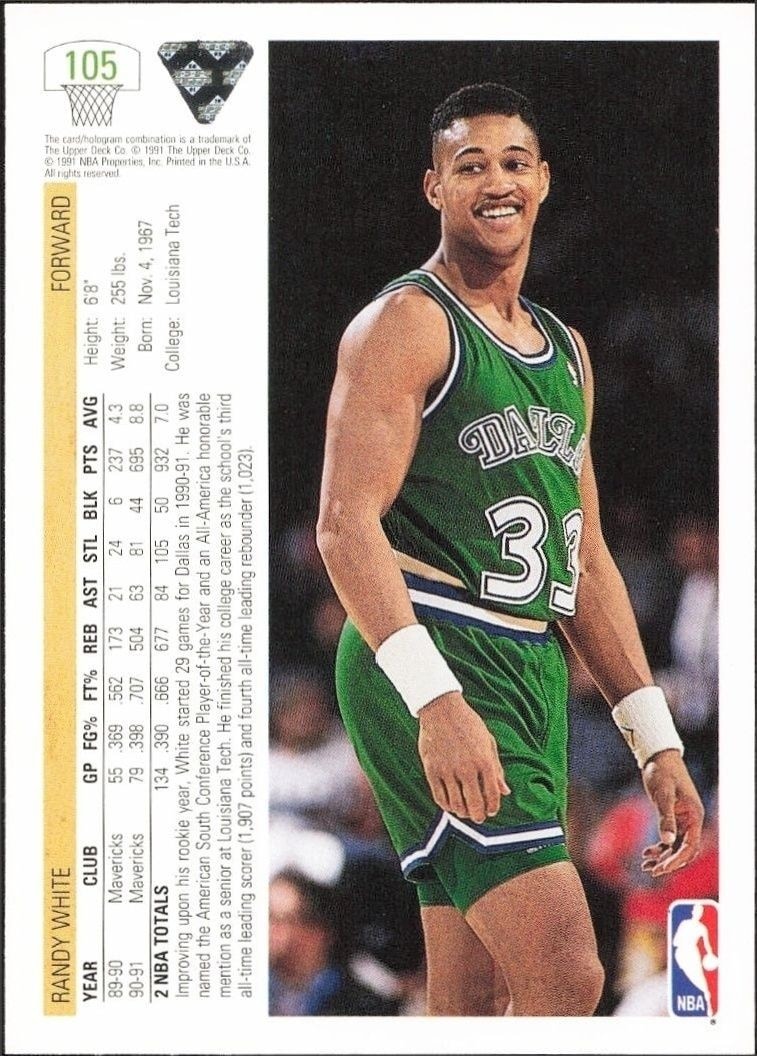 1991-92 Upper Deck Randy White #105 basketball trading card back