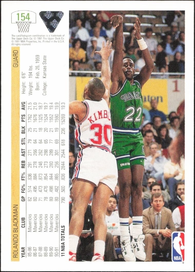 1991-92 Upper Deck Rolando Blackman #154 basketball trading card back