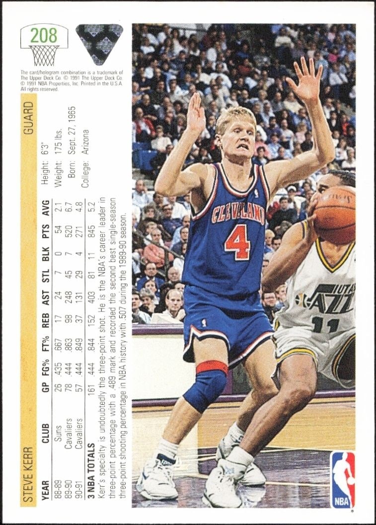 1991-92 Upper Deck Steve Kerr #208 basketball trading card back