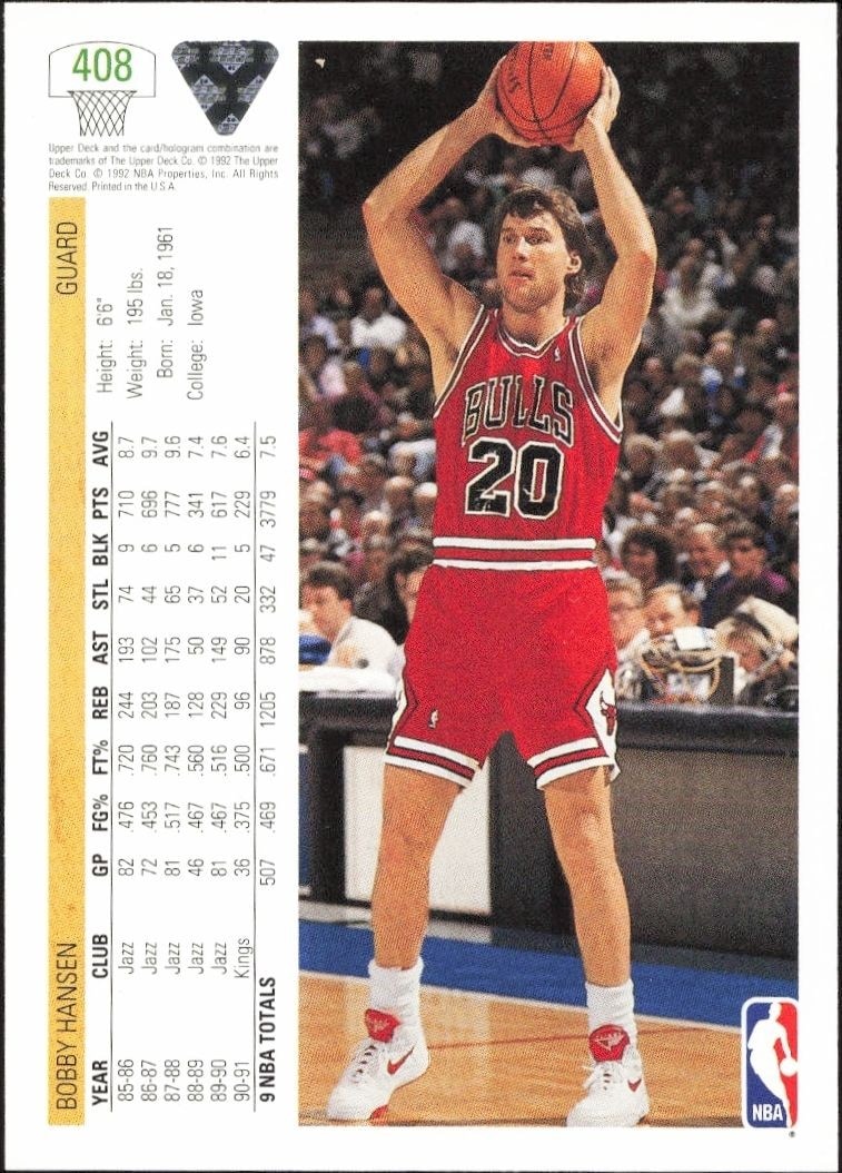 1991-92 Upper Deck Bobby Hansen #408 basketball trading card back