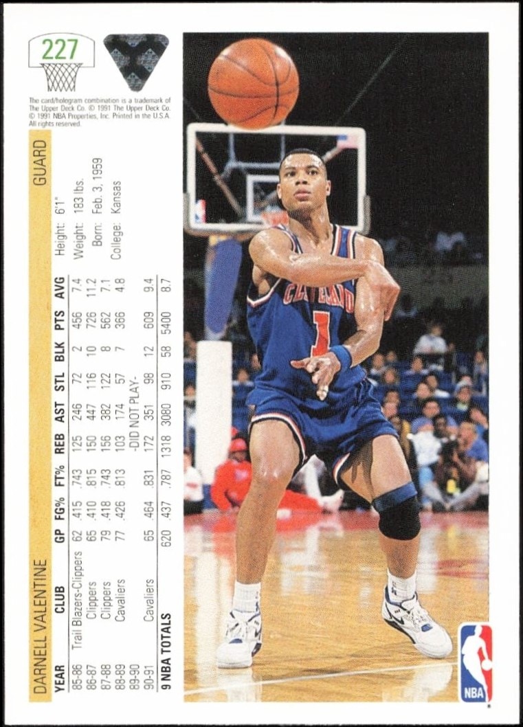 1991-92 Upper Deck Darnell Valentine #227 basketball trading card back
