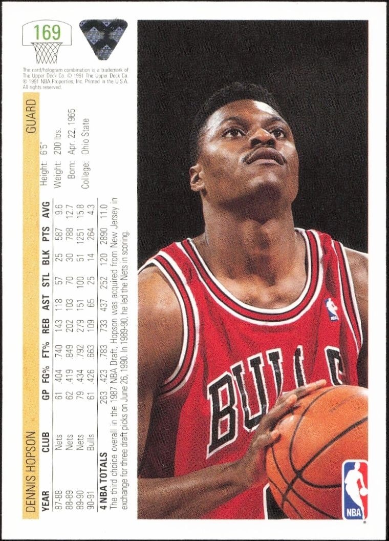 1991-92 Upper Deck Dennis Hopson #169 basketball trading card back