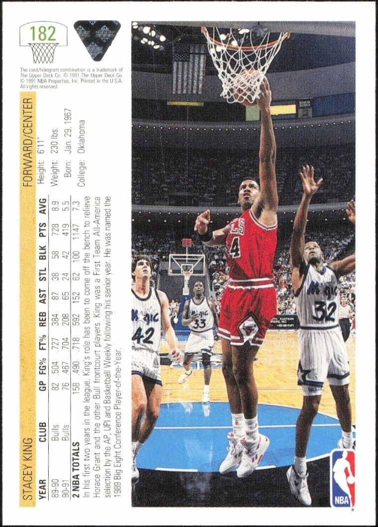 1991-92 Upper Deck Stacey King #182 basketball trading card back
