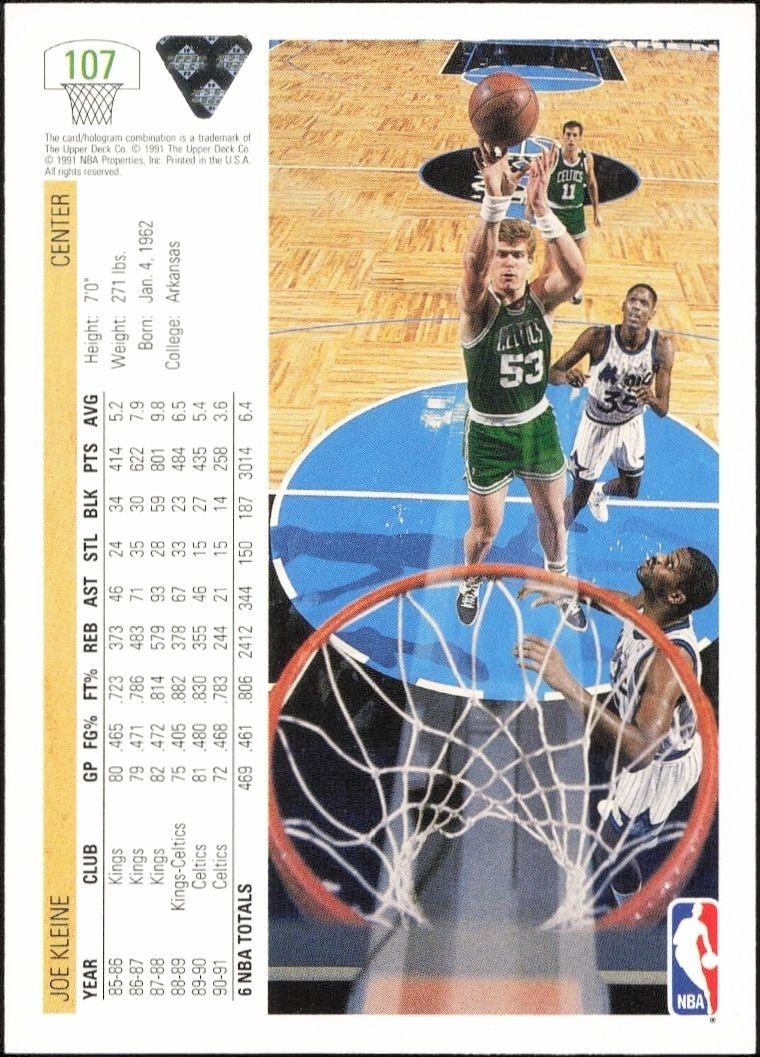 1991-92 Upper Deck Joe Kleine #107 basketball trading card back
