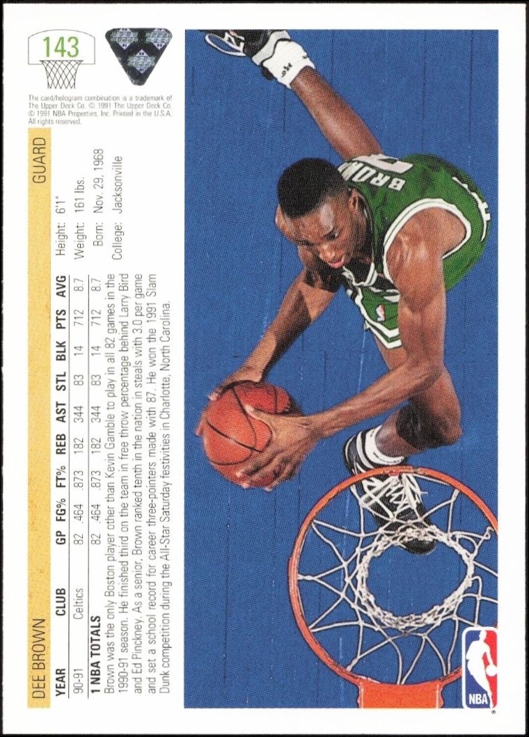 1991-92 Upper Deck Dee Brown #143 basketball trading card back