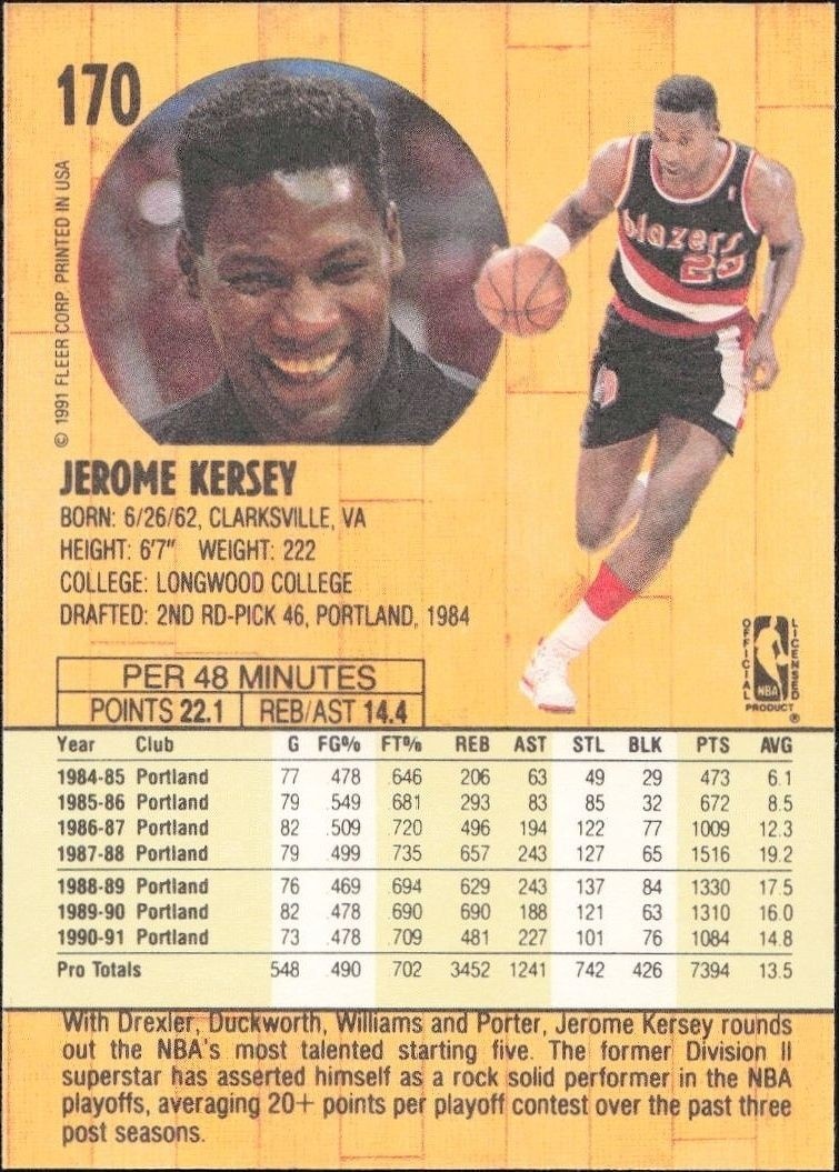 1991-92 Fleer Jerome Kersey #170 basketball trading card back