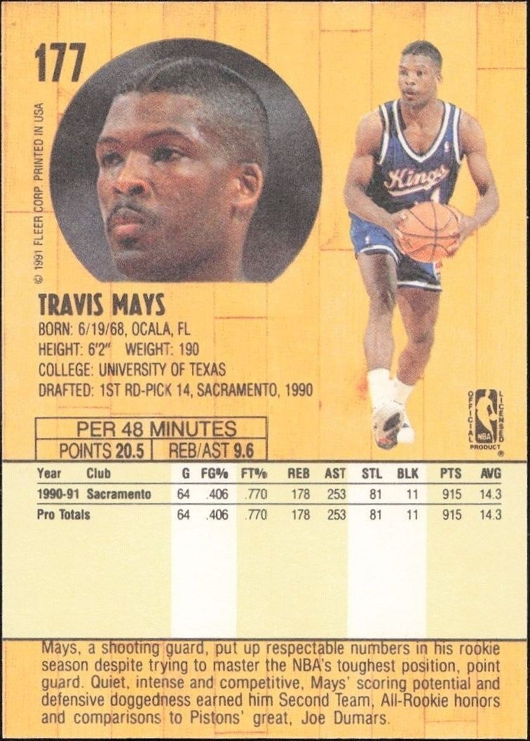 1991-92 Fleer Travis Mays #177 basketball trading card back
