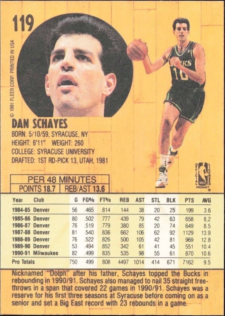 1991-92 Fleer Danny Schayes #119 basketball trading card back