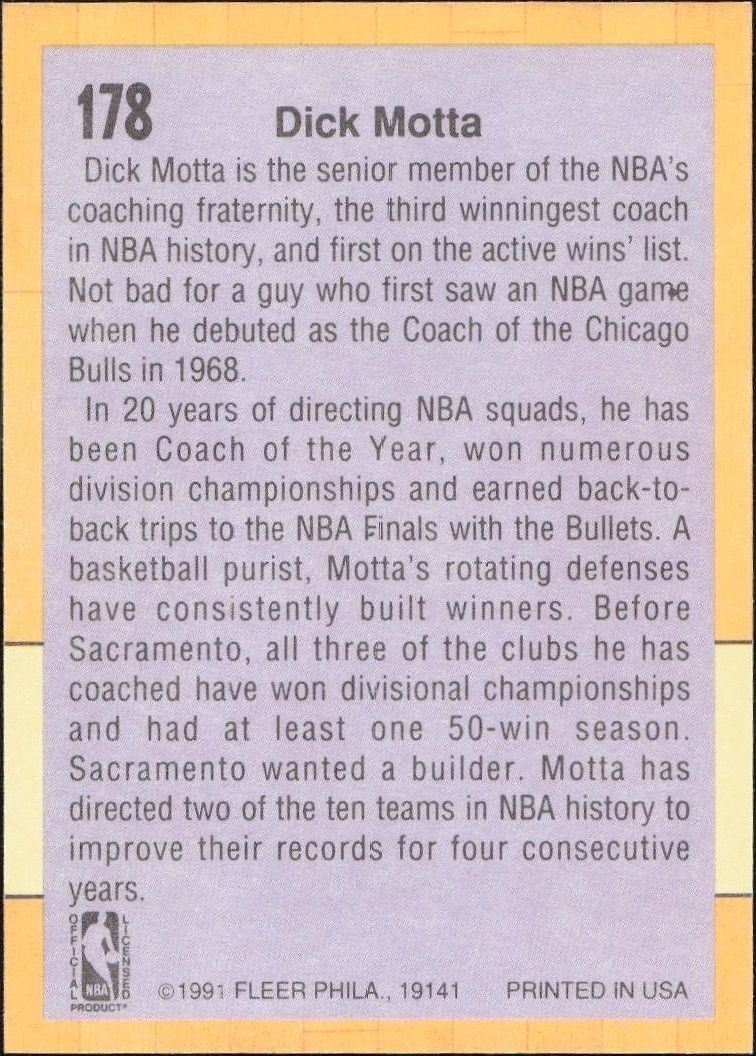 1991-92 Fleer Dick Motta #178 basketball trading card back