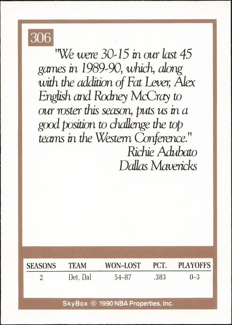 1990-91 Skybox Richie Adubato #306 basketball trading card back