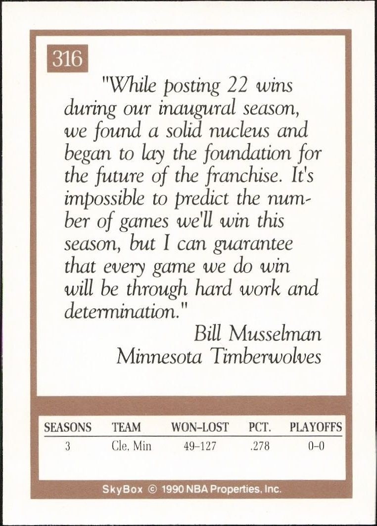 1990-91 Skybox Bill Musselman #316 basketball trading card back