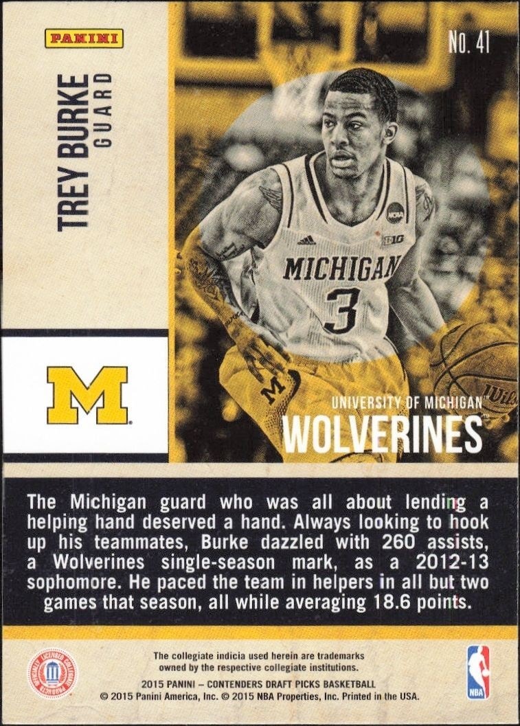2015-16 Panini Contenders Draft Picks Trey Burke #41 basketball trading card back