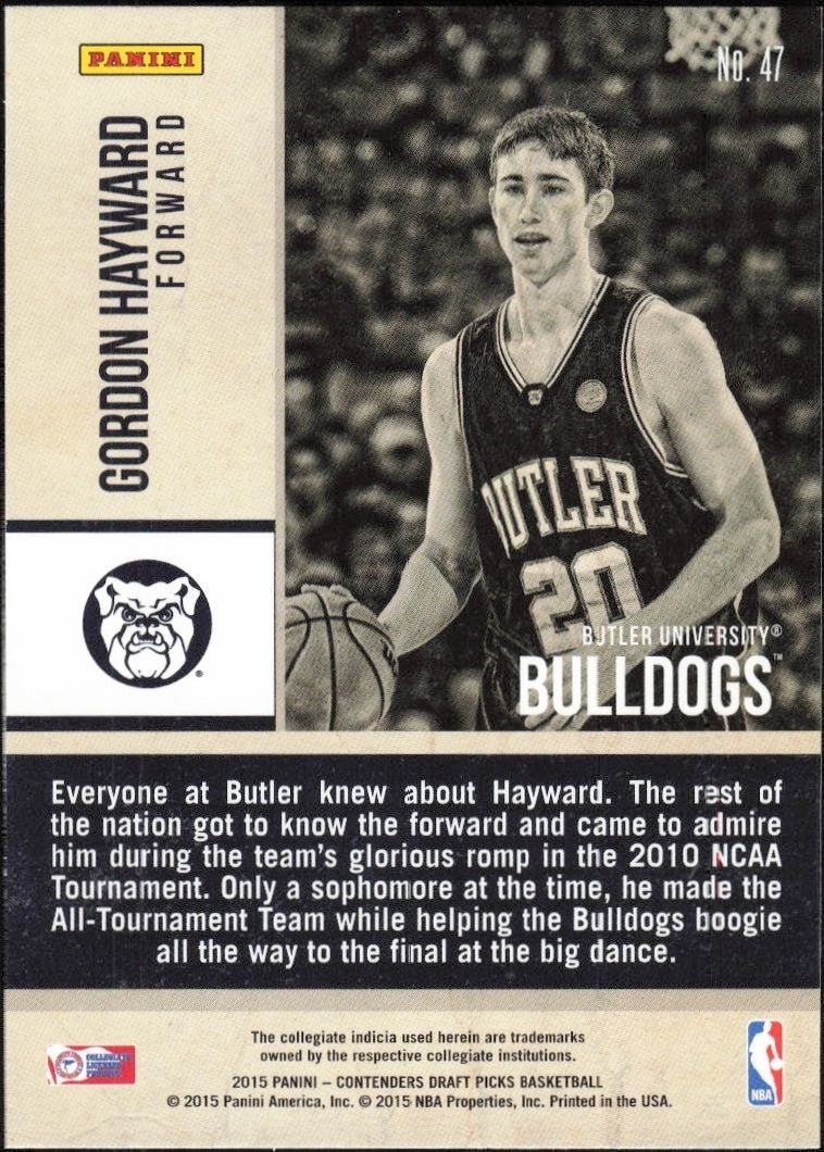 2015-16 Panini Contenders Draft Picks Gordon Hayward #47 basketball trading card back