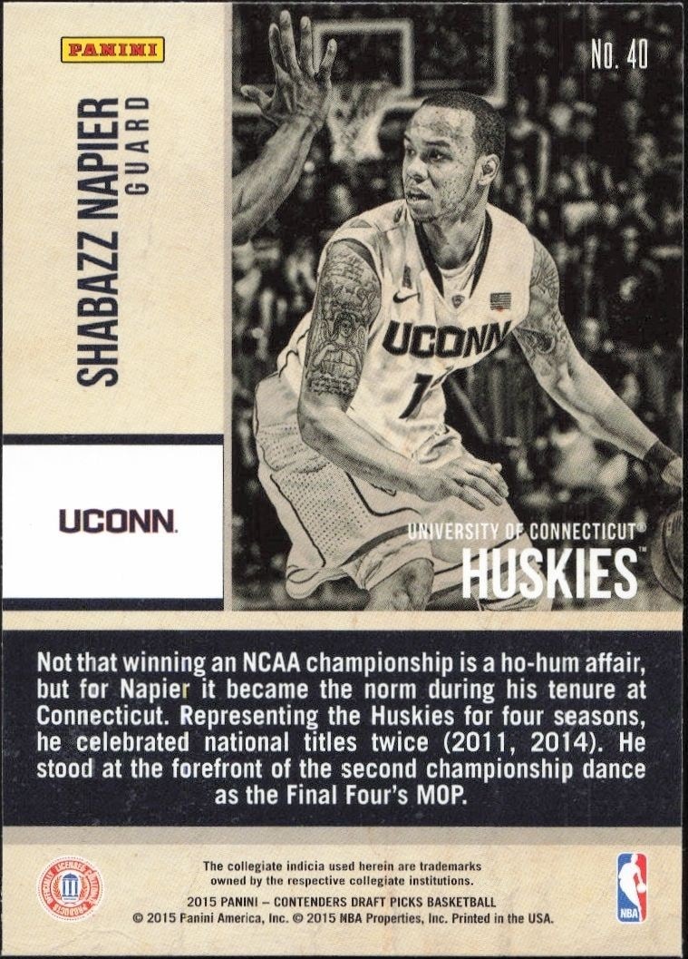 2015-16 Panini Contenders Draft Picks Shabazz Napier #40 basketball trading card back