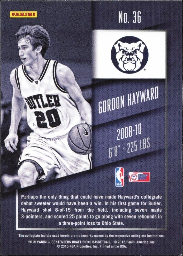 2015-16 Panini Contenders Draft Picks Gordon Hayward #36 basketball trading card back