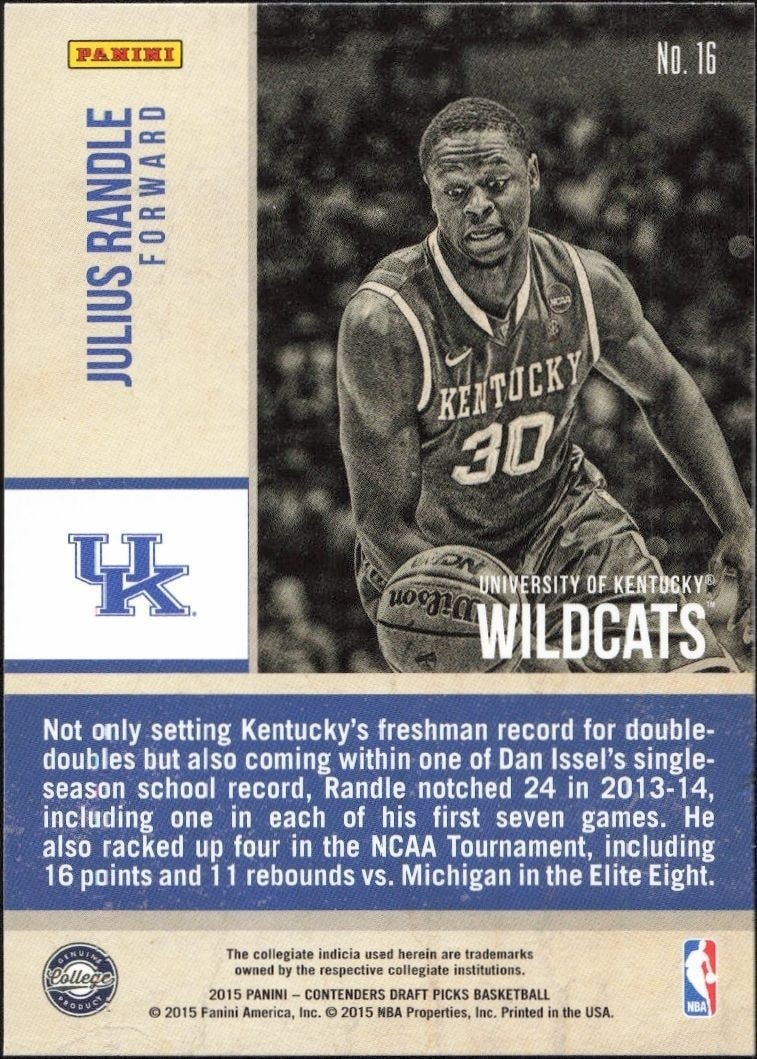2015-16 Panini Contenders Draft Picks Julius Randle #16 basketball trading card back
