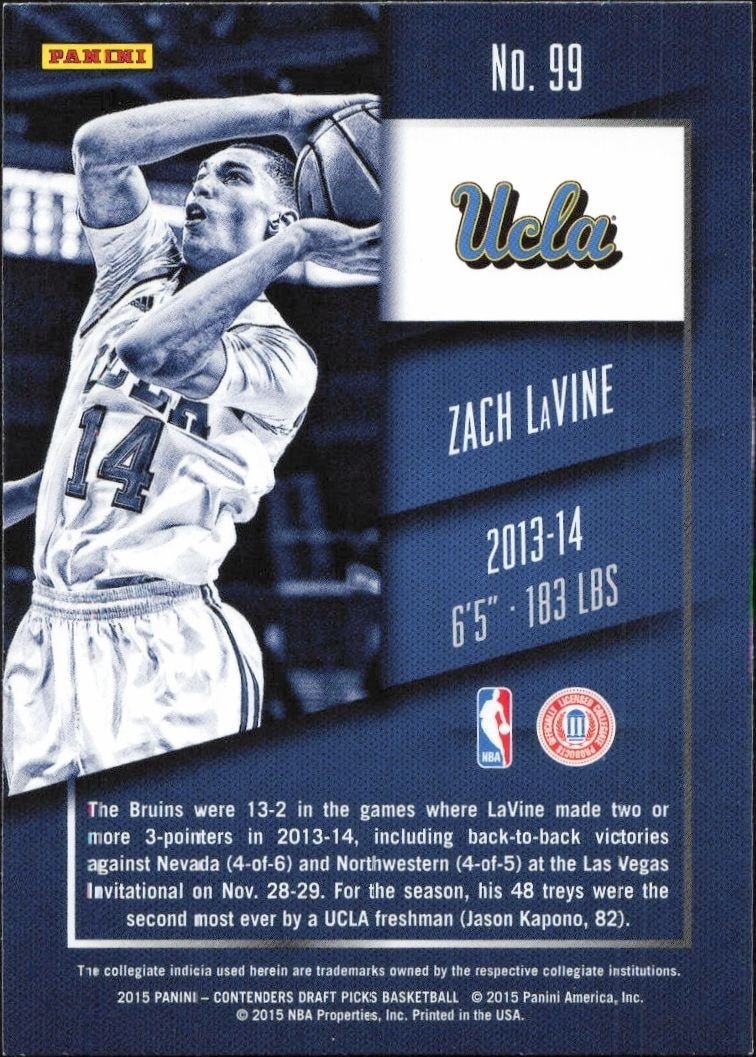 2015-16 Panini Contenders Draft Picks Zach LaVine #99 basketball trading card back
