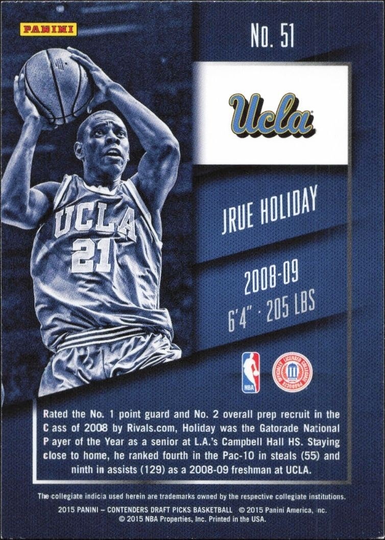 2015-16 Panini Contenders Draft Picks Jrue Holiday #51 basketball trading card back