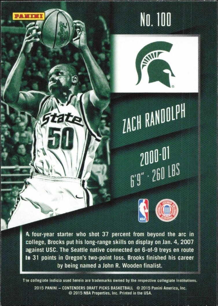 2015-16 Panini Contenders Draft Picks Zach Randolph #100 basketball trading card back