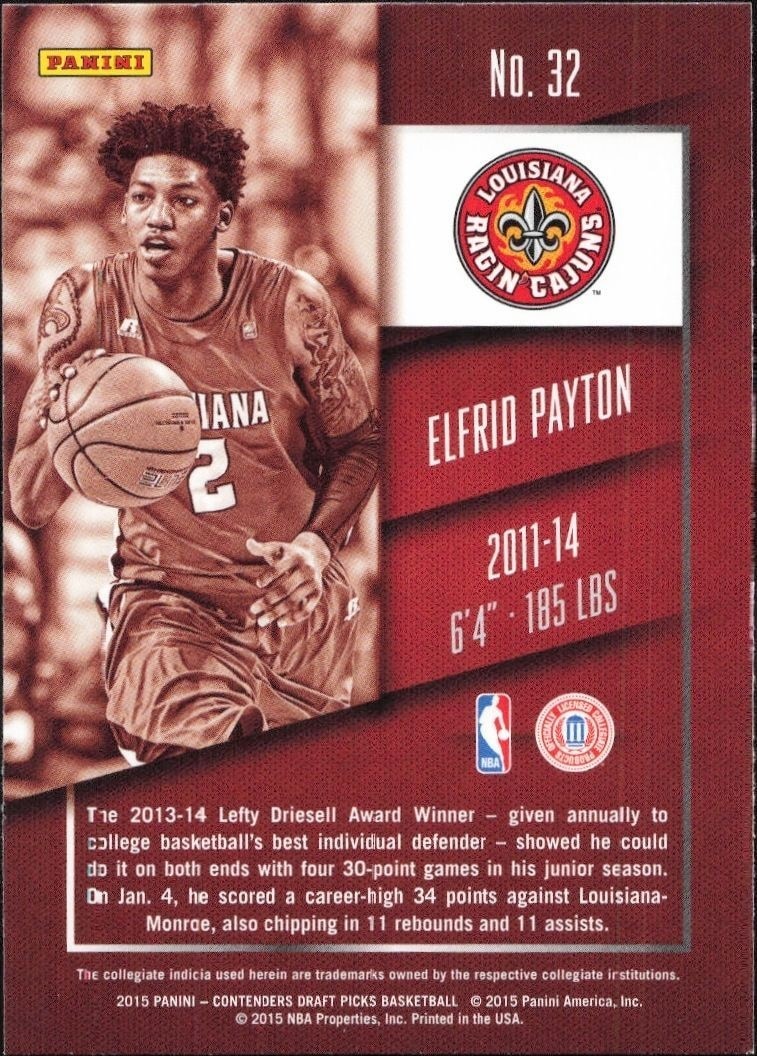 2015-16 Panini Contenders Draft Picks Elfrid Payton #32 basketball trading card back