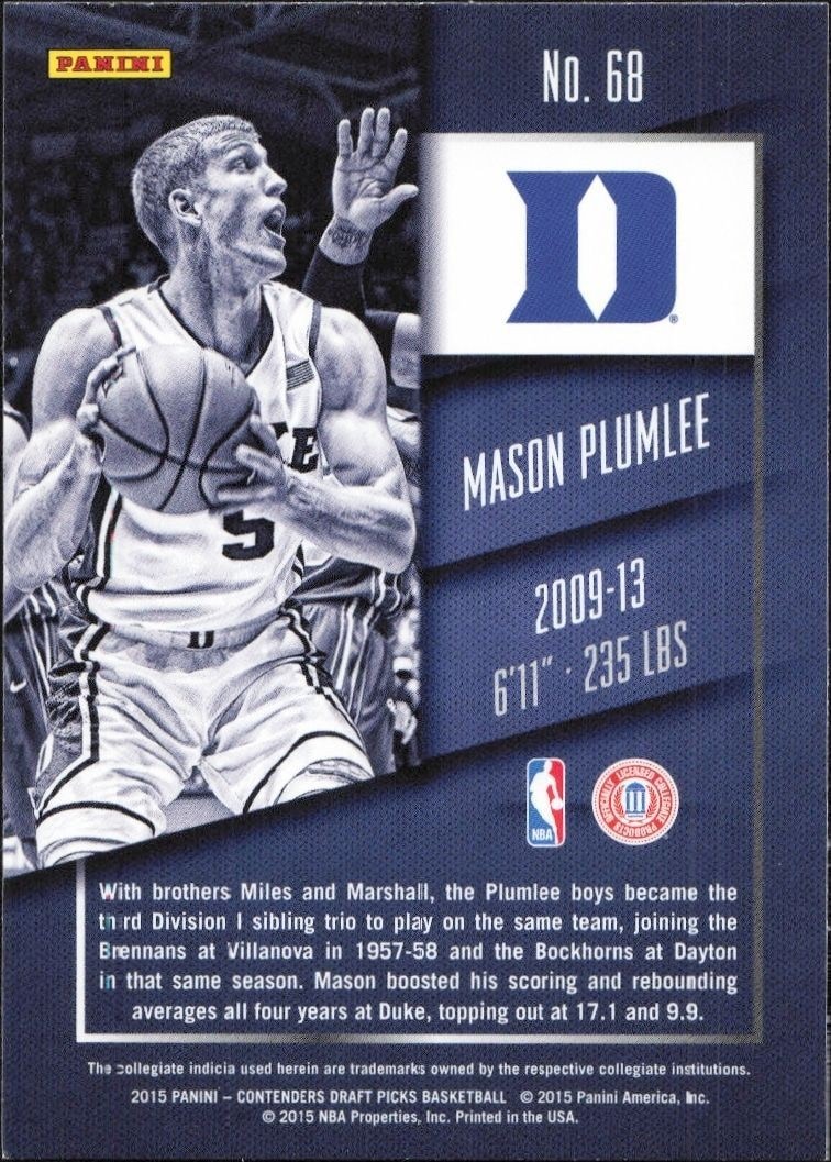 2015-16 Panini Contenders Draft Picks Mason Plumlee #68 basketball trading card back
