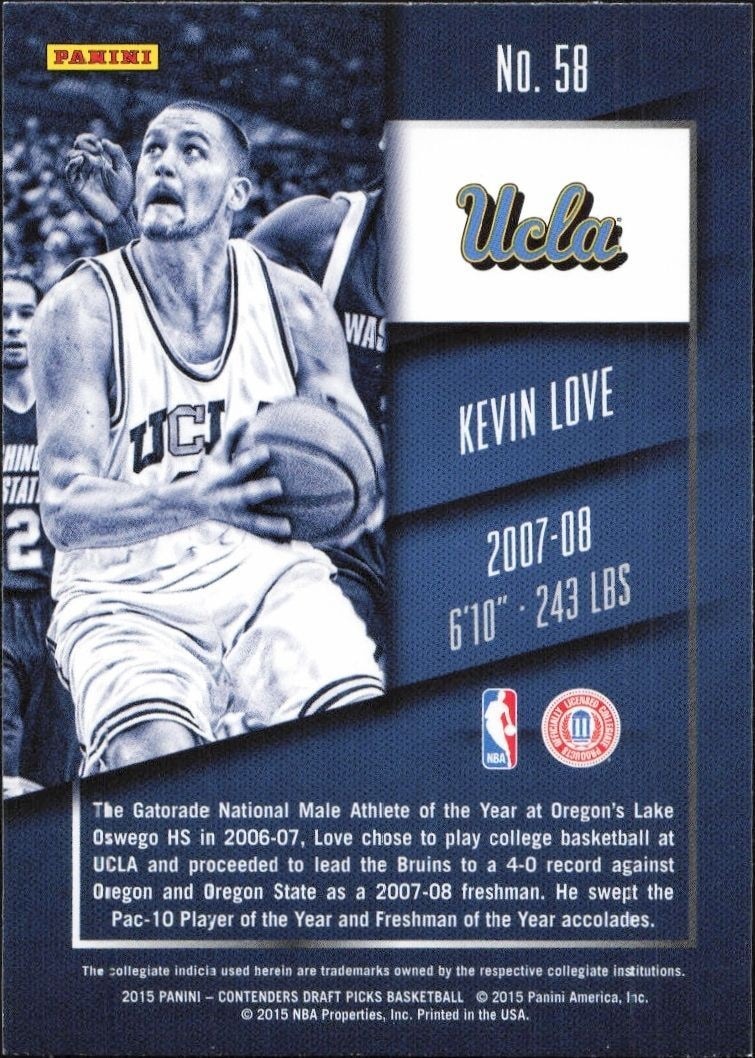 2015-16 Panini Contenders Draft Picks Kevin Love #58 basketball trading card back