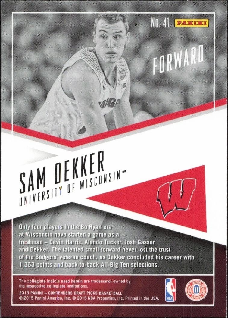 2015-16 Panini Contenders Draft Picks Sam Dekker #41 basketball trading card back