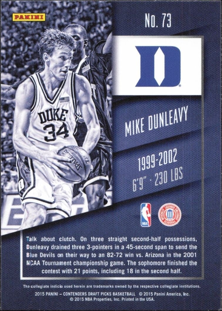 2015-16 Panini Contenders Draft Picks Mike Dunleavy #73 basketball trading card back