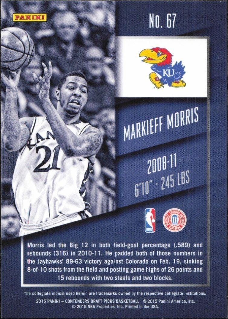 2015-16 Panini Contenders Draft Picks Markieff Morris #67 basketball trading card back