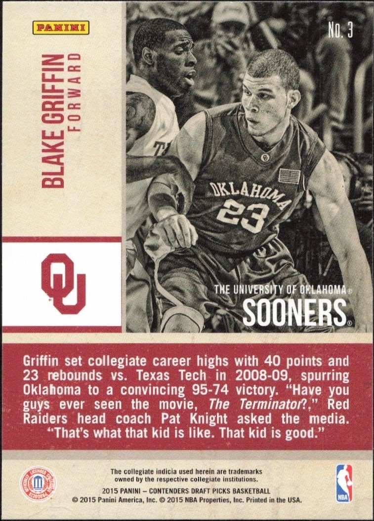2015-16 Panini Contenders Draft Picks Blake Griffin #3 basketball trading card back
