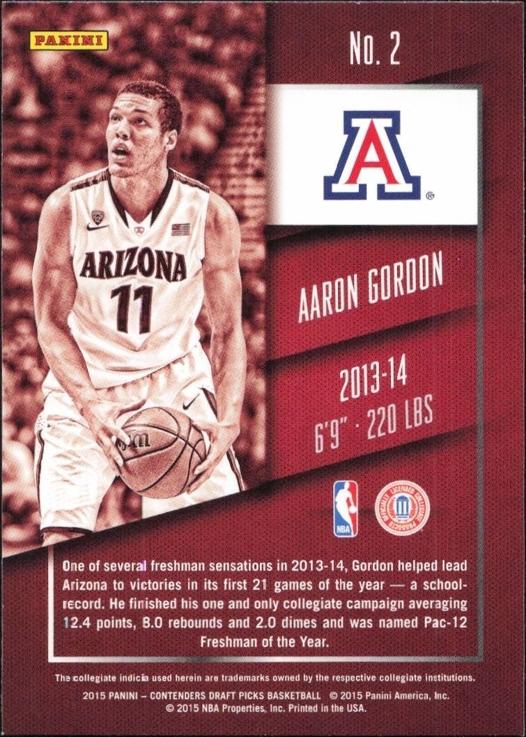 2015-16 Panini Contenders Draft Picks Aaron Gordon #2 basketball trading card back
