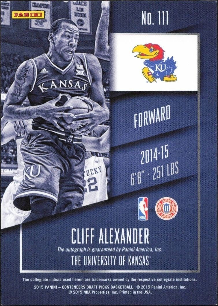 2015-16 Panini Contenders Draft Picks Cliff Alexander #111 basketball trading card back