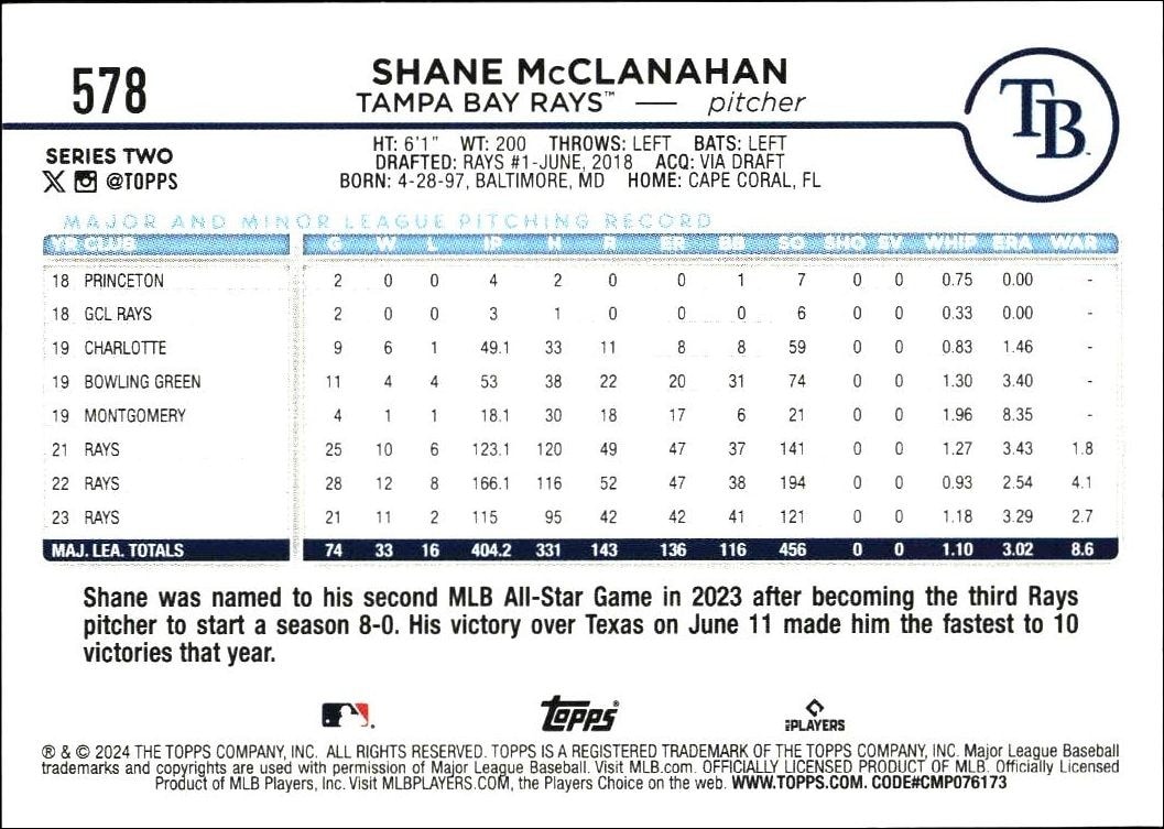 2024 Topps Series 2 Shane McClanahan #578 baseball trading card back